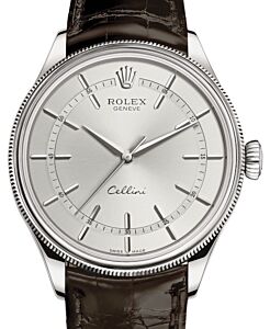 Rolex Cellini Time White Gold Rhodium Index Dial Domed & Fluted Double Bezel Tobacco Leather Bracelet 50509 - BRAND NEW