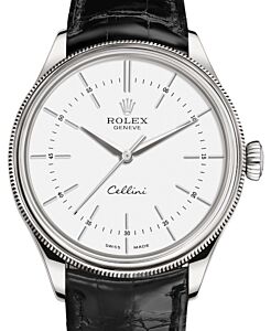 Rolex Cellini Time White Gold White Index Dial Domed & Fluted Double Bezel Black Leather Bracelet 50509 - BRAND NEW