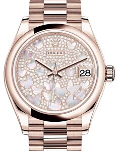 Rolex Datejust 31 Lady Midsize Rose Gold Diamond Pave Mother of Pearl Butterfly Dial & Smooth Domed Bezel President Bracelet 278245 - BRAND NEW