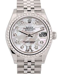 Rolex Datejust 31 CUSTOM Stainless Steel White Mother of Pearl Roman Diamond VI Dial & Bezel Oyster Bracelet 278240 (278384RBR)