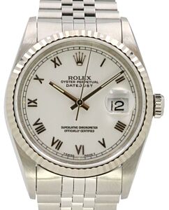 Rolex Datejust 36 Stainless Steel White Roman Dial Fluted White Gold Bezel Jubilee Bracelet 16234 - PRE-OWNED