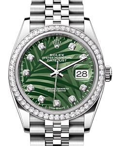 Rolex Datejust 36 White Gold/Steel Olive Green Palm Motif Diamond Dial & Diamond Bezel Jubilee Bracelet 126284RBR - BRAND NEW