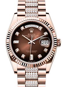 Rolex Day-Date 36 President Rose Gold Brown Ombre Dial Fluted Bezel Diamond Bracelet 128235