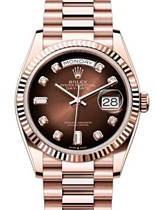 Rolex Day-Date 36 President Rose Gold Brown Ombre Diamond Dial Fluted Bezel 128235