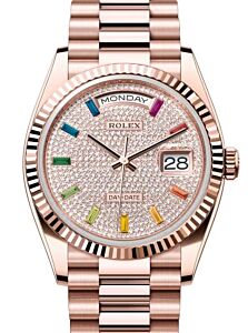 Rolex Day-Date 36 President Rose Gold Diamond Paved Rainbow Colored Sapphires Dial Fluted Bezel 128235