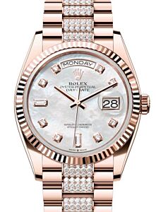Rolex Day-Date 36 President Rose Gold White Mother of Pearl Dial Fluted Bezel Diamond Bracelet 128235