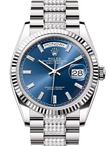 Rolex Day-Date 36 President White Gold Bright Blue Dial Fluted Bezel Diamond Set Bracelet 128239