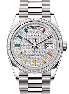 Rolex Day-Date 36 President White Gold Diamond Paved Rainbow Sapphires Dial & Bezel 128399TBR