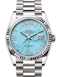 Rolex Day-Date 36 President White Gold Turquoise "Tiffany" Diamond Dial & Fluted Bezel 128239