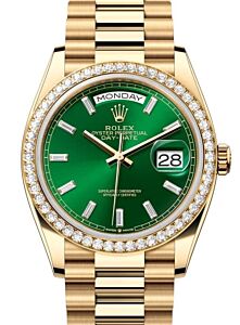 Rolex Day-Date 36 President Yellow Gold Bright Green Baguette Diamond Dial & Bezel 128348RBR