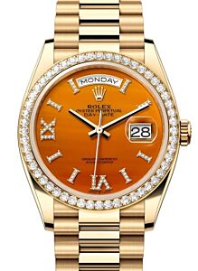 Rolex Day-Date 36 President Yellow Gold Carnelian Orange Diamond Dial & Bezel 128348RBR