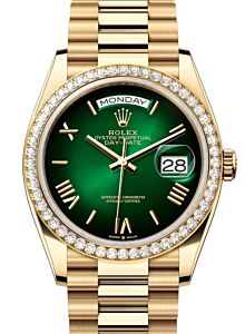 Rolex Day-Date 36 President Yellow Gold Green Ombre Roman Dial Diamond Bezel 128348RBR