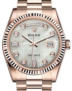 Rolex Day-Date 36 Rose Gold White Mother of Pearl with Oxford Motif Diamond Dial & Fluted Bezel President Bracelet 118235