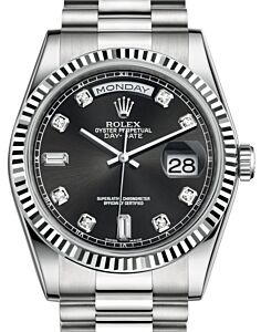 Rolex Day-Date 36 White Gold Black Diamond Dial & Fluted Bezel President Bracelet 118239 - BRAND NEW