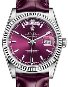 Rolex Day-Date 36 White Gold Cherry Index Dial & Fluted Bezel Bordeaux Leather Strap 118139 - BRAND NEW
