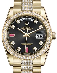 Rolex Day-Date 36 Yellow Gold Black Diamond & Rubies Dial & Diamond Bezel Diamond Set President Bracelet 118348 - BRAND NEW