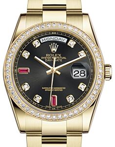 Rolex Day-Date 36 Yellow Gold Black Diamond & Rubies Dial & Diamond Bezel Oyster Bracelet 118348 - BRAND NEW