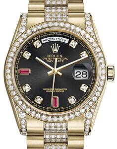 Rolex Day-Date 36 Yellow Gold Black Diamond & Rubies Dial & Diamond Set Case & Bezel Diamond Set President Bracelet 118388 - BRAND NEW