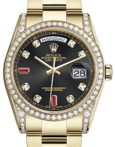 Rolex Day-Date 36 Yellow Gold Black Diamond & Rubies Dial & Diamond Set Case & Bezel Oyster Bracelet 118388 - BRAND NEW