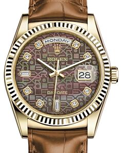 Rolex Day-Date 36 Yellow Gold Black Mother of Pearl Jubilee Diamond Dial & Fluted Bezel Cognac Leather Strap 118138 - BRAND NEW