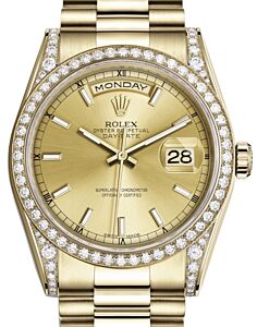 Rolex Day-Date 36 Yellow Gold Champagne Index Dial & Diamond Set Case & Bezel President Bracelet 118388 - BRAND NEW