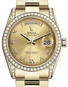 Rolex Day-Date 36 Yellow Gold Champagne Roman Dial & Diamond Set Case & Bezel Oyster Bracelet 118388 - BRAND NEW