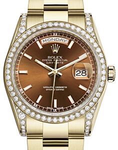 Rolex Day-Date 36 Yellow Gold Cognac Index Dial & Diamond Set Case & Bezel Oyster Bracelet 118388 - BRAND NEW