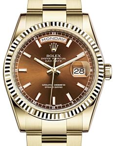 Rolex Day-Date 36 Yellow Gold Cognac Index Dial & Fluted Bezel Oyster Bracelet 118238