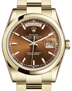 Rolex Day-Date 36 Yellow Gold Cognac Index Dial & Smooth Domed Bezel Oyster Bracelet 118208 - BRAND NEW