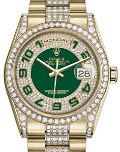 Rolex Day-Date 36 Yellow Gold Green Diamond Paved Arabic Dial & Diamond Set Case & Bezel Diamond Set President Bracelet 118388 - BRAND NEW