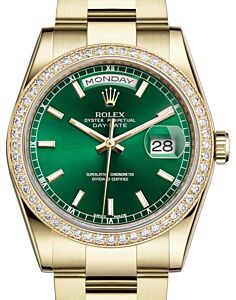 Rolex Day-Date 36 Yellow Gold Green Index Dial & Diamond Bezel Oyster Bracelet 118348 - BRAND NEW