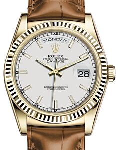 Rolex Day-Date 36 Yellow Gold White Index Dial & Fluted Bezel Cognac Leather Strap 118138 - BRAND NEW