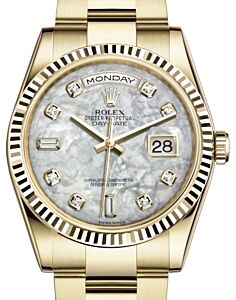 Rolex Day-Date 36 Yellow Gold White Mother of Pearl Diamond Dial & Fluted Bezel Oyster Bracelet 118238