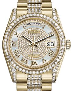 Rolex Day-Date 36 Yellow Gold White Mother of Pearl Diamond Paved Roman Dial & Diamond Set Case & Bezel Diamond Set President Bracelet 118388 - BRAND NEW