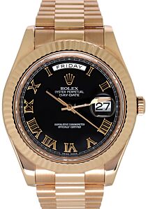 Rolex Day-Date II President Rose Gold 41mm Black Roman Fluted Bezel 218235 - PRE-OWNED 