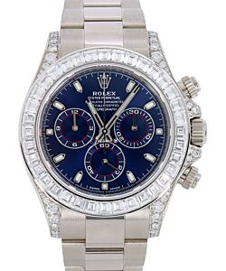 Rolex Daytona White Gold Baguette Diamond Bezel Blue Dial Oyster Bracelet CUSTOM 116509