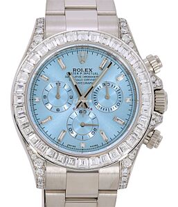 Rolex Daytona White Gold Ice Blue Baguette Diamond Bezel, Dial & Lugs CUSTOM 116509