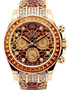Rolex Daytona Yellow Gold "Leopard" Diamond Orange Dial Leather Strap 116598SACO