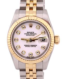 Rolex Lady-Datejust 26 White Diamond Fluted Yellow Gold Stainless Steel Jubilee 179173