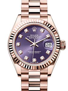 Rolex Lady Datejust 28 Rose Gold Aubergine Diamond Dial & Fluted Bezel President Bracelet 279175 - BRAND NEW