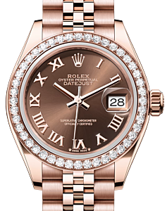 Rolex Lady Datejust 28 Rose Gold Chocolate Roman Dial & Diamond Bezel Jubilee Bracelet 279135RBR - BRAND NEW