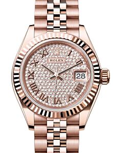 Rolex Lady Datejust 28 Rose Gold Diamond Paved Roman Dial & Fluted Bezel Jubilee Bracelet 279175 - BRAND NEW
