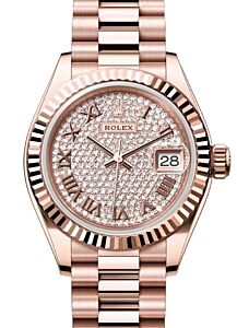Rolex Lady Datejust 28 Rose Gold Diamond Paved Roman Dial & Fluted Bezel President Bracelet 279175 - BRAND NEW