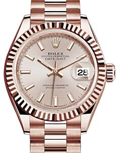 Rolex Lady Datejust 28 Rose Gold Sundust Index Dial & Fluted Bezel President Bracelet 279175 - BRAND NEW