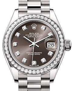 Rolex Lady Datejust 28 White Gold Dark Grey Diamond Dial & Diamond Bezel President Bracelet 279139RBR - BRAND NEW