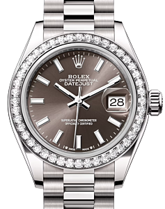 Rolex Lady Datejust 28 White Gold Dark Grey Index Dial & Diamond Bezel President Bracelet 279139RBR - BRAND NEW