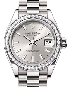 Rolex Lady Datejust 28 White Gold Silver Index Dial & Diamond Bezel President Bracelet 279139RBR - BRAND NEW