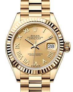 Rolex Lady Datejust 28 Yellow Gold Champagne Roman Dial & Fluted Bezel President Bracelet 279178 - BRAND NEW