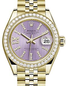 Rolex Lady Datejust 28 Yellow Gold Lilac Diamond Index/Roman IX Dial & Diamond Bezel Jubilee Bracelet 279138RBR - BRAND NEW