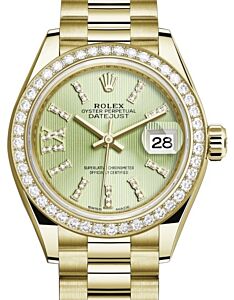 Rolex Lady Datejust 28 Yellow Gold Linden Diamond Index/Roman IX Dial & Diamond Bezel President Bracelet 279138RBR - BRAND NEW